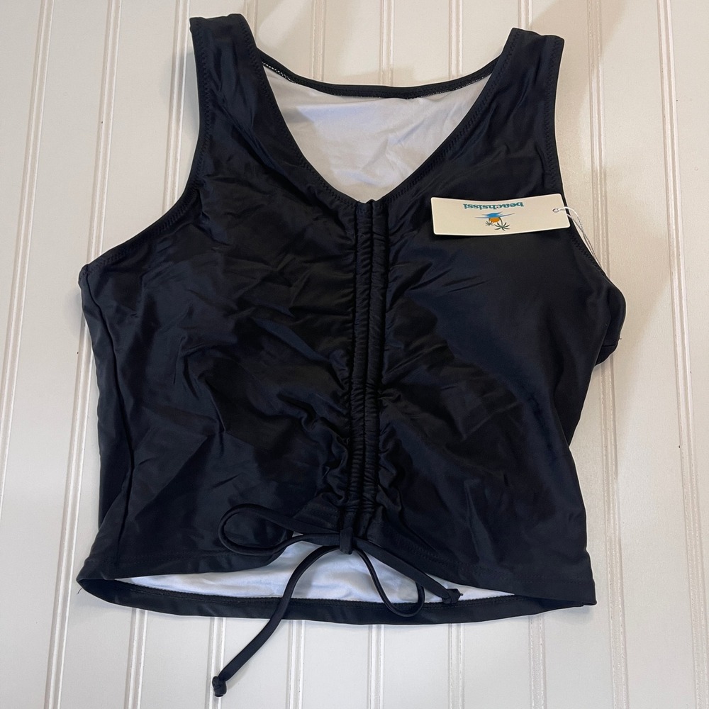 NWT Beachsissi Women Black Ruched Front Drawstring Tankini Swim Top Size Medium